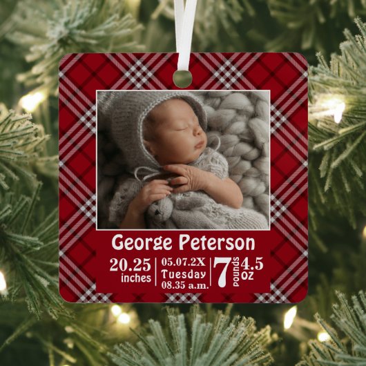 ベビー誕生統計誕生レコード写真レッドプレイド メタルオーナメント (インサイチュ)