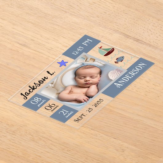 ベビー誕生統計1写真アナウンス アクリル招待状 (レイダウン)