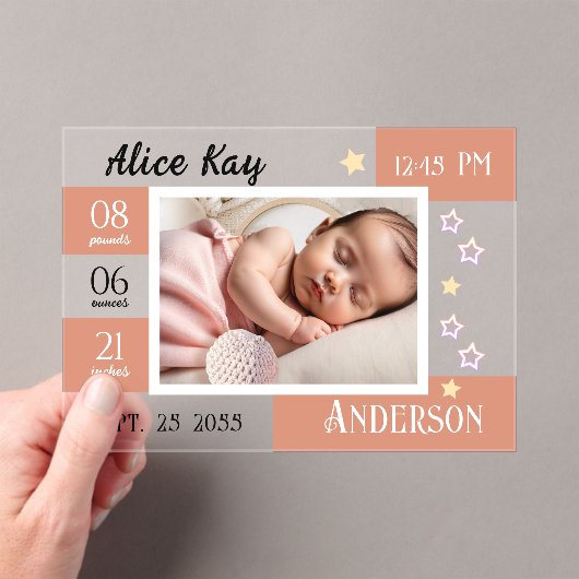 ベビー誕生統計1枚フォトピンクのお知らせ アクリル招待状 (インサイチュ (ポータブル))