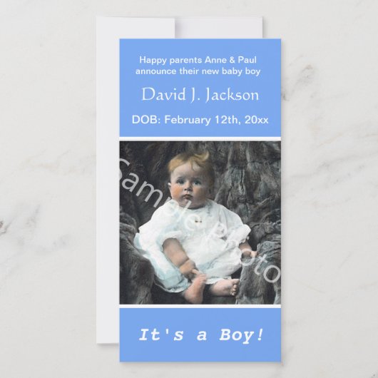 ベビー誕生青のお知らせ。写真を追加 案内状 (正面)
