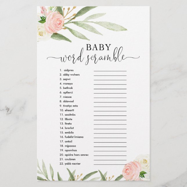 ベビー語スクランブル赤ちゃんシャワーゲームピンク緑 (正面)