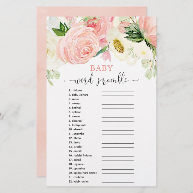 ベビー語スクランブル赤ちゃんシャワーゲームピンク緑 (正面/裏面)