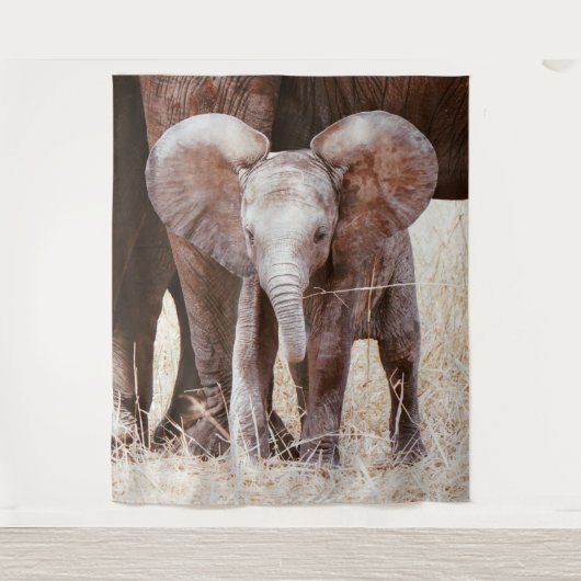 ベビー象かわいいアフリカゾウと母 タペストリー (正面)