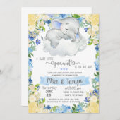 ベビー象と雲の男の子の赤ちゃんシャワー招待。 招待状 (正面/裏面)