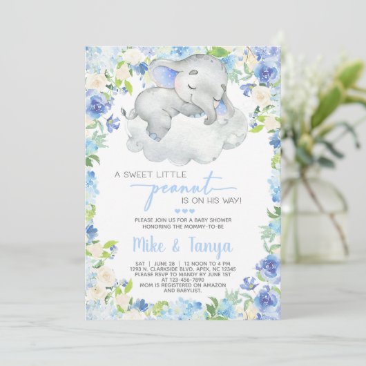 ベビー象と雲の男の子の赤ちゃんシャワー招待。 招待状 (スタンド正面)