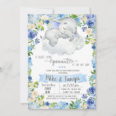 ベビー象と雲の男の子の赤ちゃんシャワー招待。 招待状 (正面)