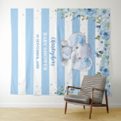 ベビー象のブルー花柄シルバー ベビーシャワー タペストリー (インサイチュ(横))