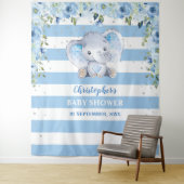 ベビー象のブルー花柄シルバー ベビーシャワー タペストリー (インサイチュ)