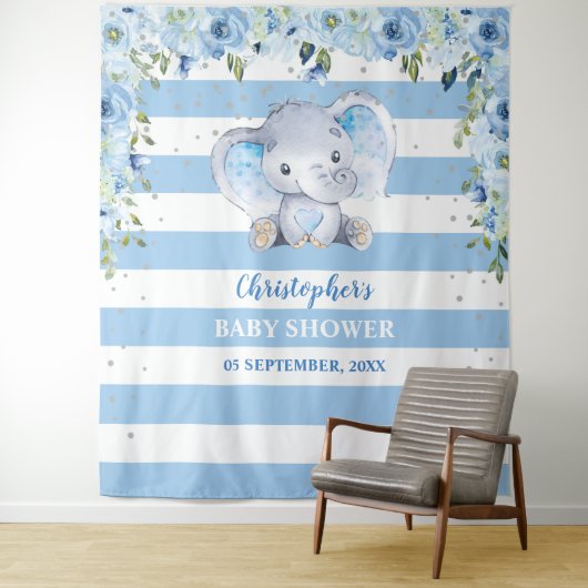 ベビー象のブルー花柄シルバー ベビーシャワー タペストリー (インサイチュ)