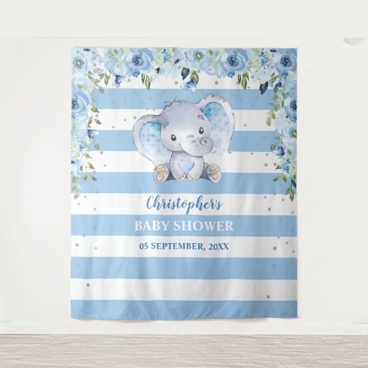 ベビー象のブルー花柄シルバー ベビーシャワー タペストリー (正面)