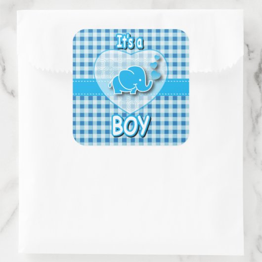 ベビー象の少年、青、白の格子模様 スクエアシール (バッグ)