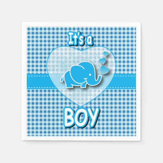 ベビー象の少年、青、白の格子模様 スタンダードカクテルナプキン (正面)