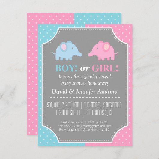ベビー象の性はパーティーの水玉模様を明らかにします 招待状 (正面/裏面)