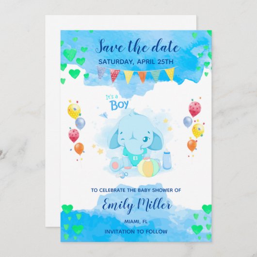 ベビー象の男の子シャワー日付を保存 セーブザデート (正面/裏面)