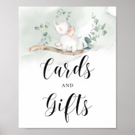 ベビー象の緑の葉のカードとギフトのサイン ポスター