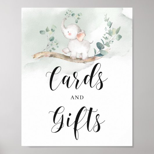 ベビー象の緑の葉のカードとギフトのサイン ポスター (正面)