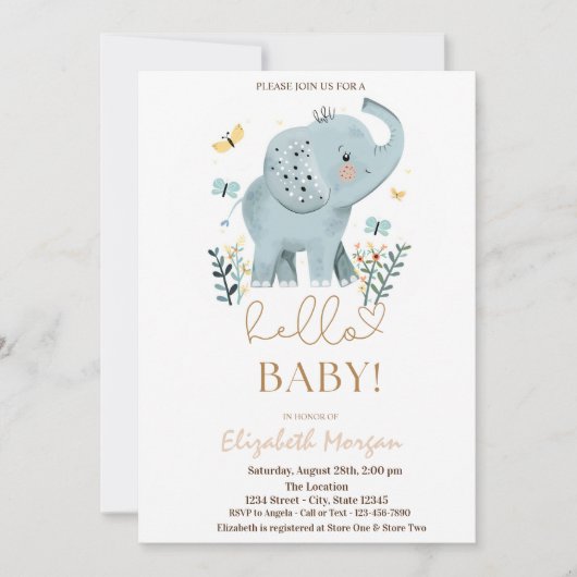 ベビー象の花バタフライドット赤ちゃんシャワー 招待状 (正面)