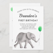 ベビー象の誕生日パーティーの招待状、緑 招待状 (正面/裏面)