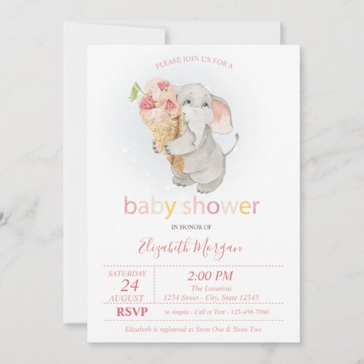 ベビー象アイスクリーム水玉模様ベビーシャワー 招待状 (正面)