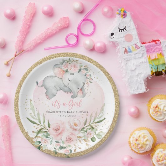ベビー象ガーリー赤面ピンク金ゴールドフローラシャワー ペーパープレート (パーティー)