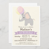 ベビー象ガールの誕生日パーティーの招待状 招待状 (正面/裏面)