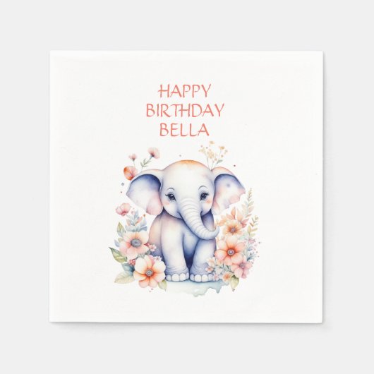 ベビー象ガールズバースデーパーティーパーソナライズされた スタンダードカクテルナプキン (正面)