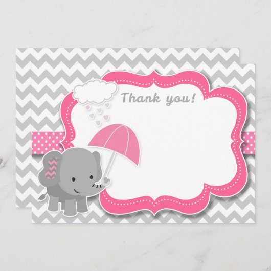 ベビー象ガールベビーシャワーピンクサンキューカード 招待状 (正面/裏面)