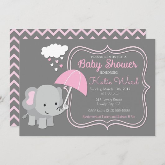 ベビー象ガールベビーシャワーピンク招待状 招待状 (正面/裏面)