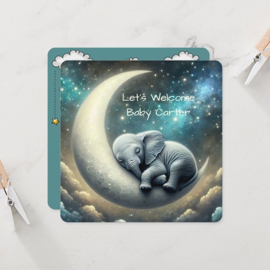 ベビー象クレセントムーンで眠る 招待状 (正面/裏面インサイチュ)