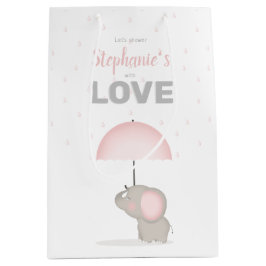 ベビー象ピンクベビーシャワー ミディアムペーパーバッグ