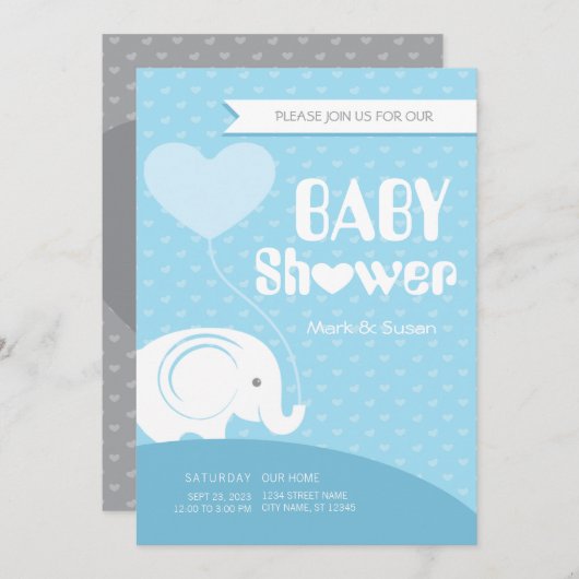 ベビー象ベビーシャワー招待状用男の赤ちゃん 招待状 (正面/裏面)