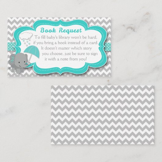 ベビー象ボーイベビーシャワーティール（緑がかった色）ブックリクエスト エンクロージャーカード (正面/裏面)