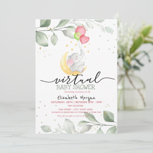 ベビー象ムーンバルーン仮想ベビーシャワー 招待状 (スタンド正面)