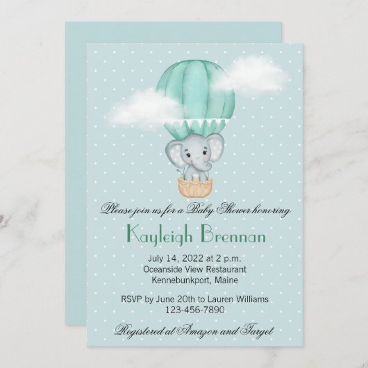 ベビー象淡い色の緑色の熱気球インビタット 招待状 (正面/裏面)