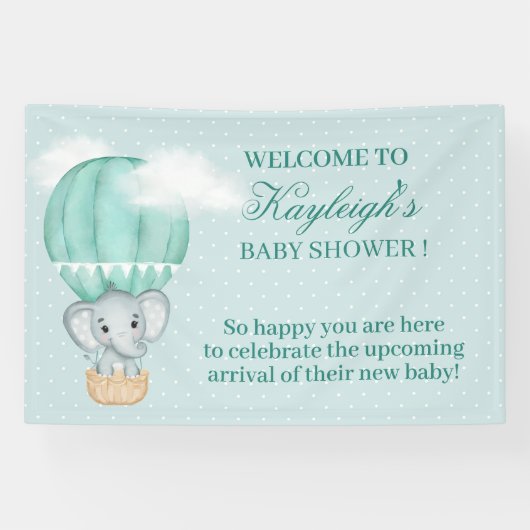 ベビー象淡い色の緑色の熱気球シャワー 横断幕 (横)