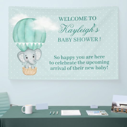 ベビー象淡い色の緑色の熱気球シャワー 横断幕 (トレードショー)