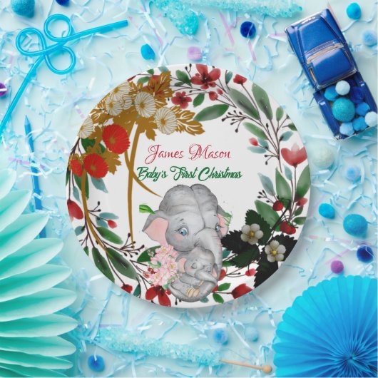 ベビー象1stクリスマスボタニカルグリーンリース ペーパープレート (パーティー)