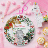 ベビー象1stクリスマスボタニカルグリーンリース ペーパープレート (パーティー)