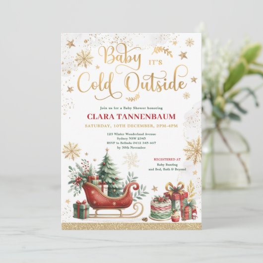 ベビー赤いクリスマスベビーシャワー外は寒い 招待状 (スタンド正面)