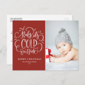 ベビー赤いメリークリスマスフォト外は寒い シーズンポストカード (正面/裏面)