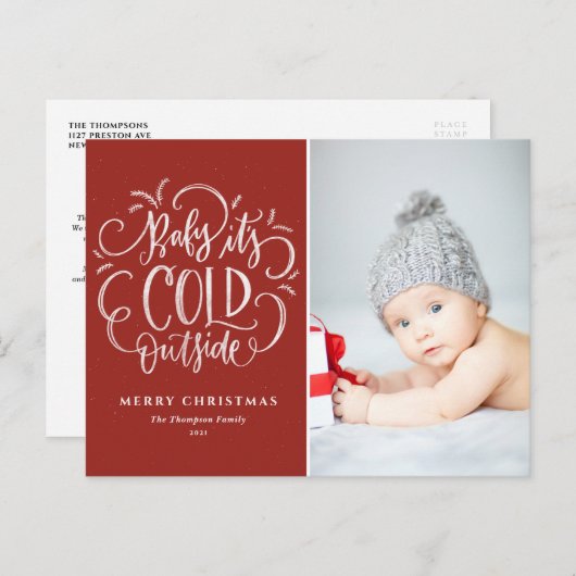 ベビー赤いメリークリスマスフォト外は寒い シーズンポストカード (正面/裏面)
