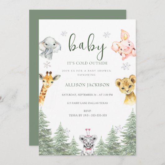 ベビー赤ちゃんシャワー外の冷たい森 招待状 (正面/裏面)
