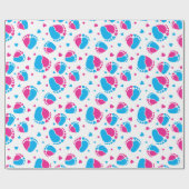 ベビー足とハートの青とピンク ラッピングペーパー (フラット)