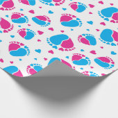 ベビー足とハートの青とピンク ラッピングペーパー (角)