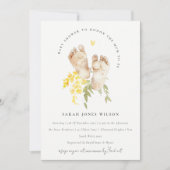 ベビー足イエローフローラベビー男女兼用シャワー 招待状 (正面)