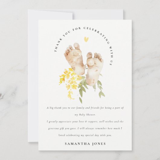 ベビー足イエローフローラ男女兼用ベビーシャワー サンキューカード (正面)