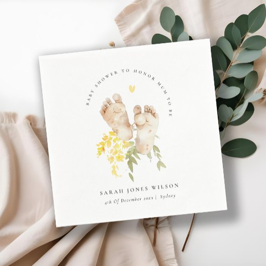 ベビー足イエローフローラ男女兼用ベビーシャワー スタンダードカクテルナプキン