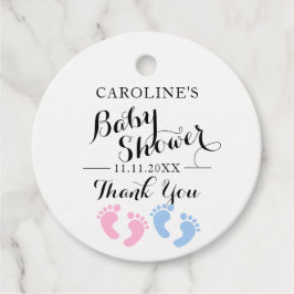 ベビー足ジェンダーがピンクの青の赤ちゃんシャワーを明らかにする フェイバータグ