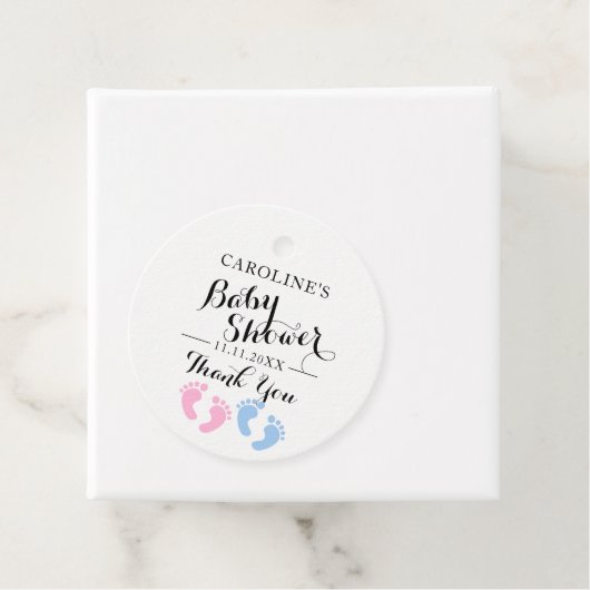 ベビー足ジェンダーがピンクの青の赤ちゃんシャワーを明らかにする フェイバータグ (インサイチュ)