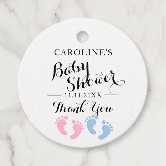 ベビー足ジェンダーがピンクの青の赤ちゃんシャワーを明らかにする フェイバータグ (正面)